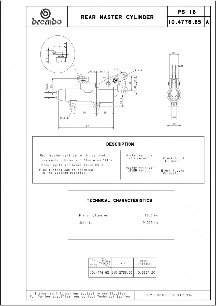 Brembo Master Cylinder PS16 with Lever 10477665
