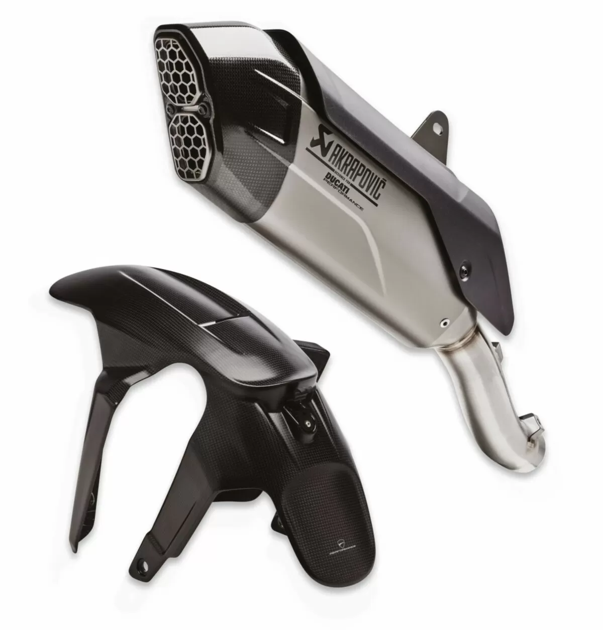 Ducati Akrapovic Exhaust and Carbon Front Fender Set